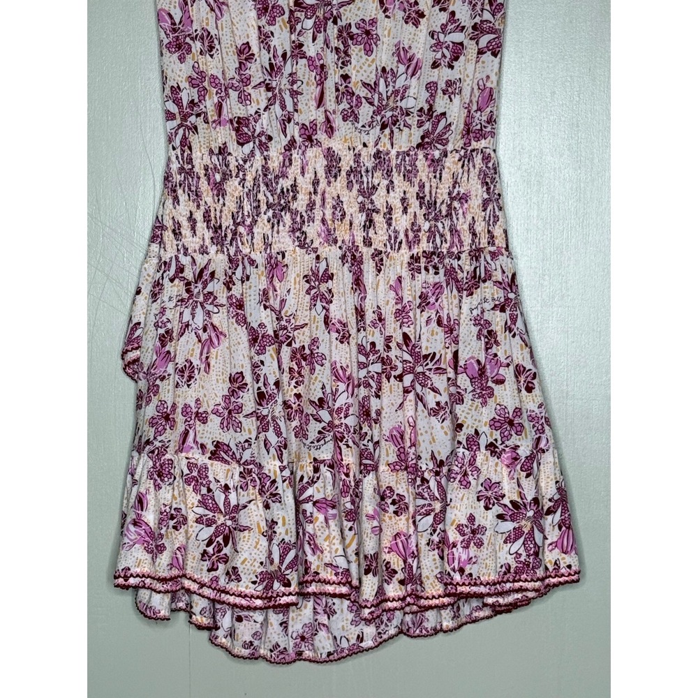 Poupette St Barth Pink Floral Smocked Mini Dress XS Lace Trim Faux Wrap - Picture 7 of 7